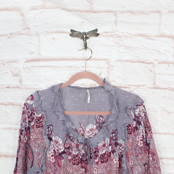 Free People Purple Rayon V-Neck Elastic Waist Peasant Blouse Top Size M - Picture 2 of 9